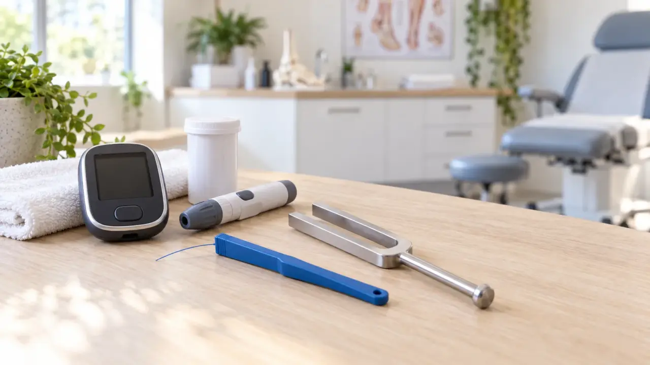 Blood glucose monitor and tuning fork used in a diabetic foot check