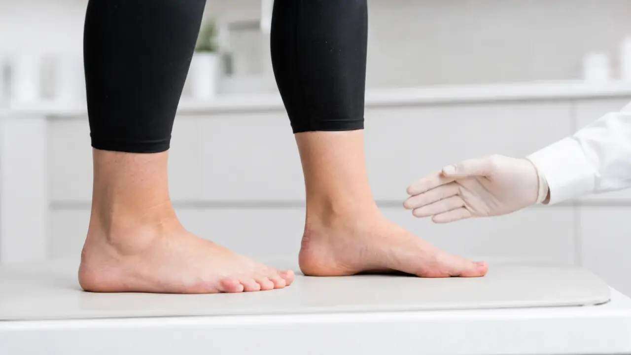 Podiatrist assessing a patient foot arches and standing posture
