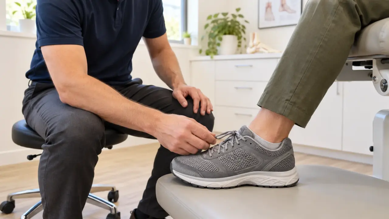 Podiatrist fitting a supportive walking shoe onto a patient foot