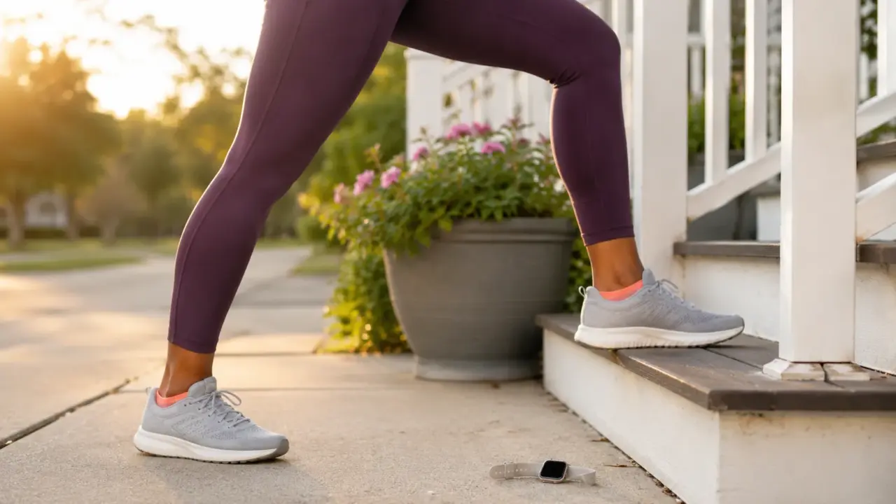 Runner climbing outdoor steps at sunset while building distance