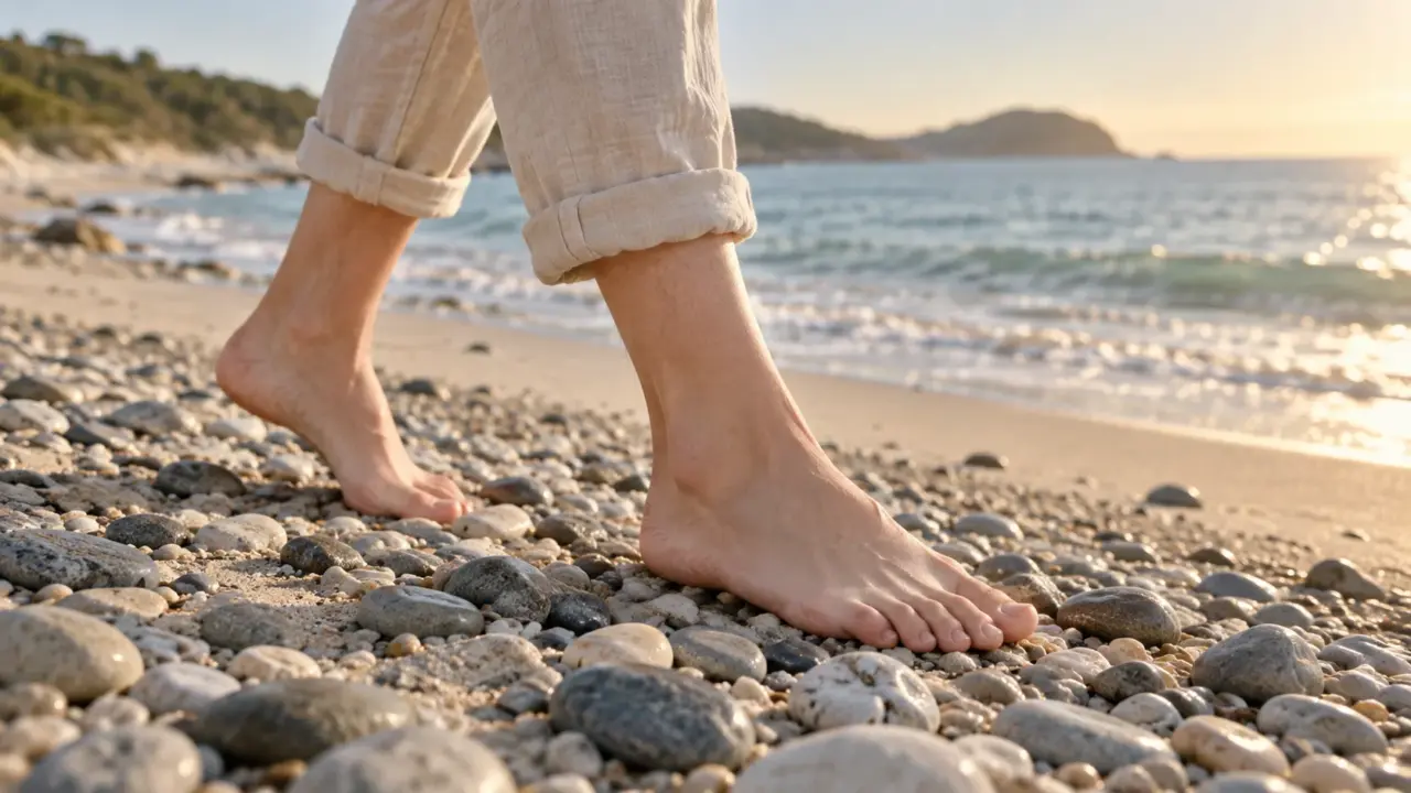 Person walking barefoot over pebbles on a beach by the sea