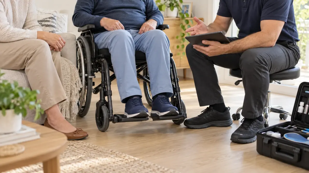 Podiatrist consulting an older patient in a wheelchair during a home visit