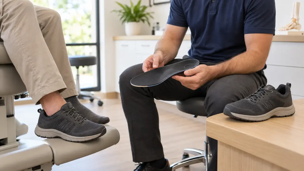 Podiatrist holding a custom orthotic insole during a clinic consultation