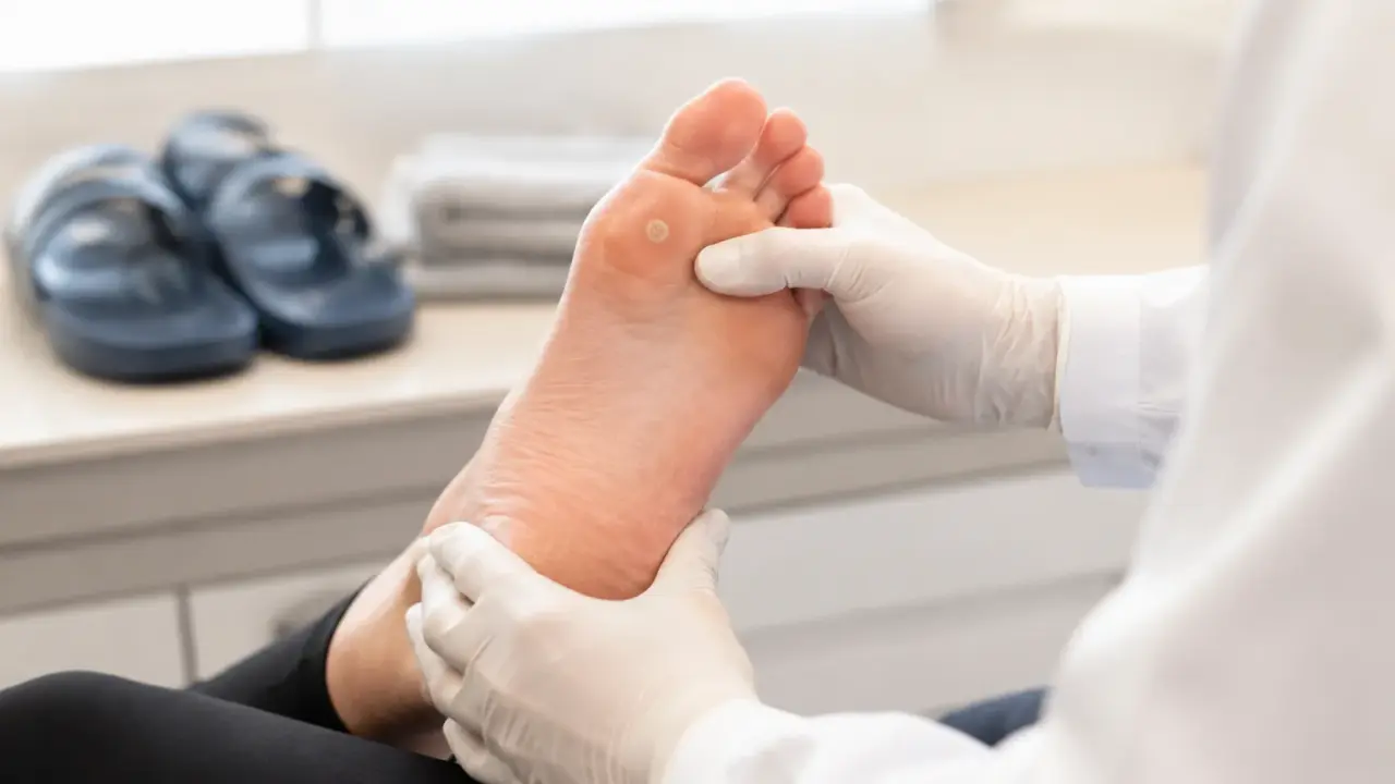 Podiatrist in gloves examining the sole of a foot for a plantar wart