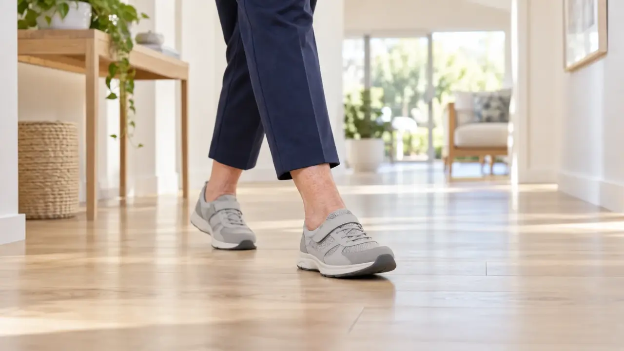 Older adult walking confidently in supportive shoes on a timber floor at home