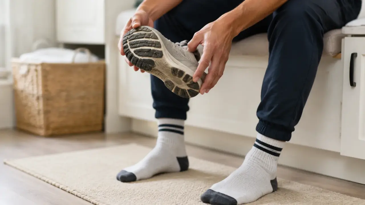 Runner in sports socks inspecting the sole of a running shoe