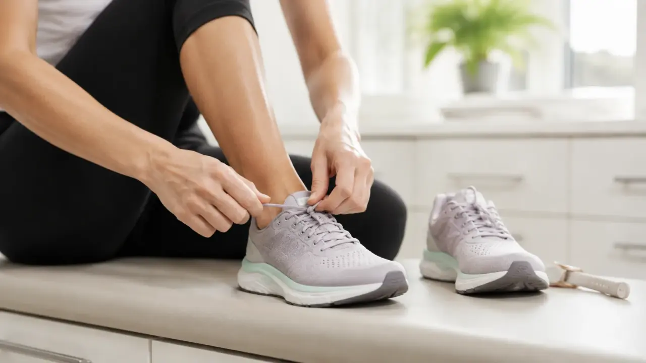 Runner lacing up supportive running shoes before heading out